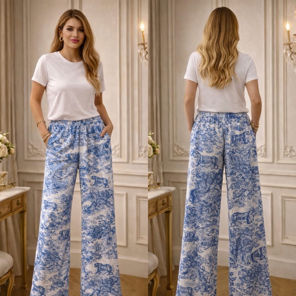 Sunday Up Satiny Luxe Blue Spring Design Pants with Elastic Waist and Pockets - Picture 2 of 5